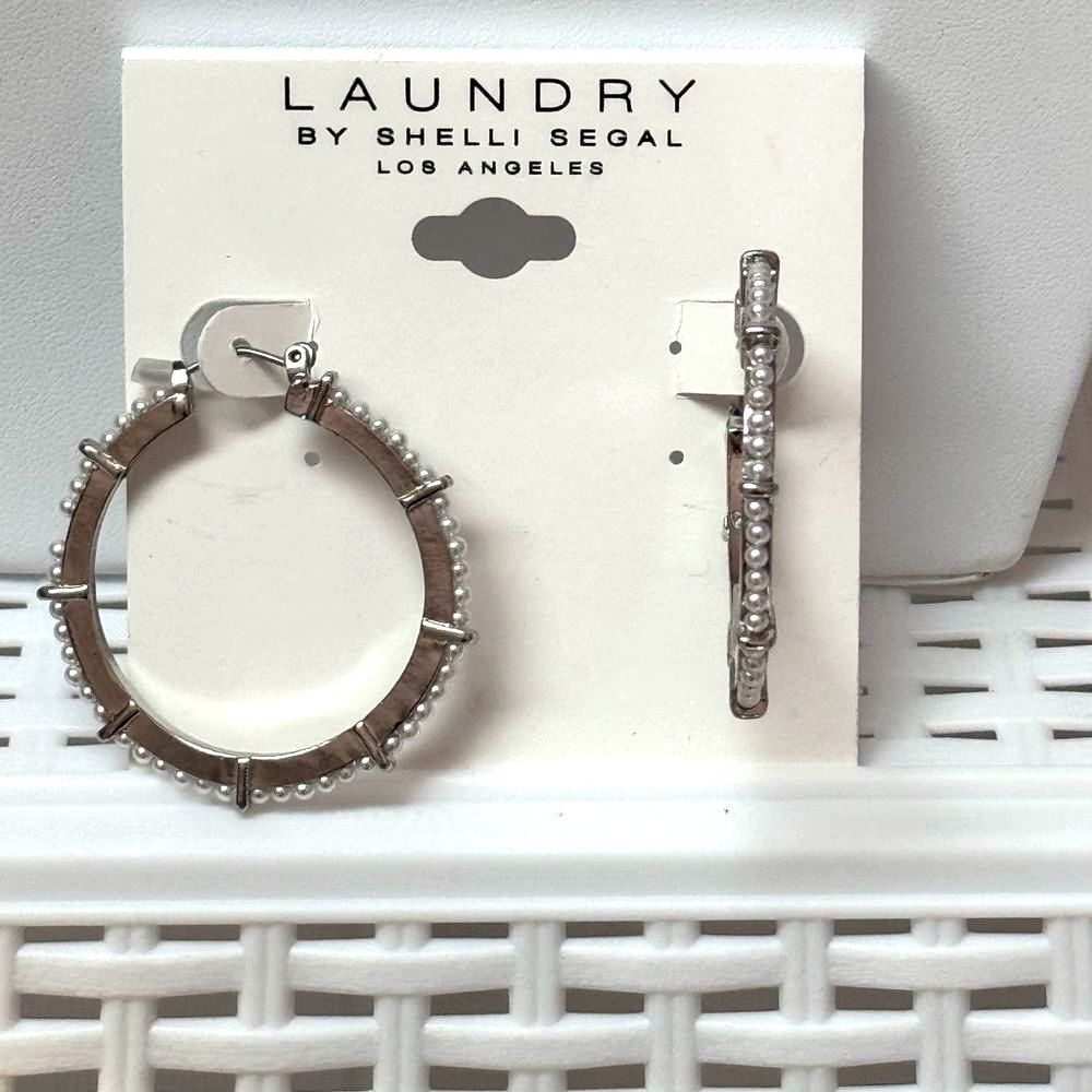 NWT Laundry By Shelli Segal Silver Pearl Beaded Hoop Earrings 1.75 inch